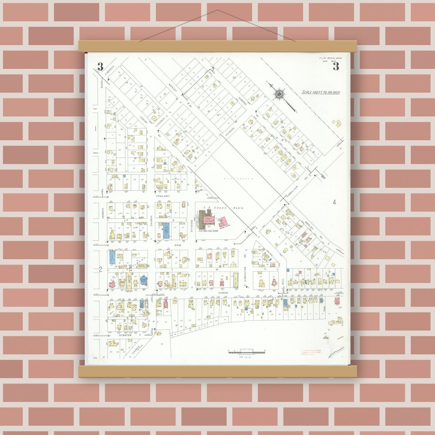 Old map wall art mockup — magnetic wood frame on brick wall — Sanborn Fire Insurance Map from Flat Rock, Wayne County, Michigan (1941), Sheet #0003