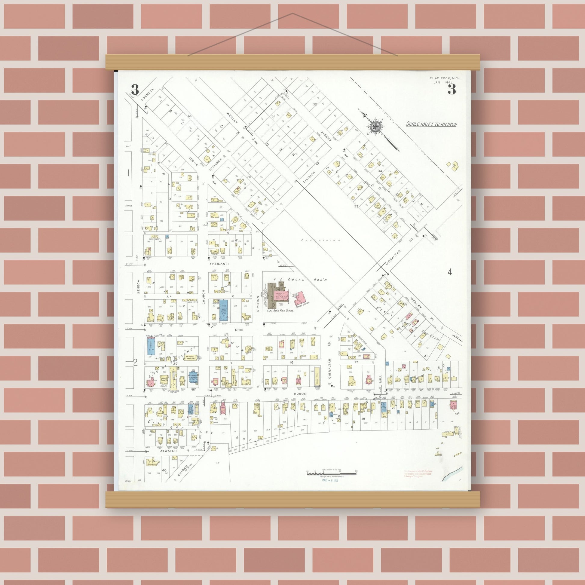 Old map wall art mockup — magnetic wood frame on brick wall — Sanborn Fire Insurance Map from Flat Rock, Wayne County, Michigan (1941), Sheet #0003