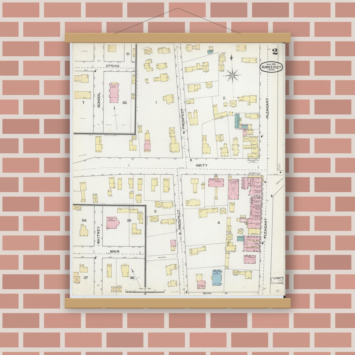 Old map wall art mockup — magnetic wood frame on brick wall — Sanborn Fire Insurance Map from Amherst, Hampshire County, Massachusetts (1892), Sheet #0002