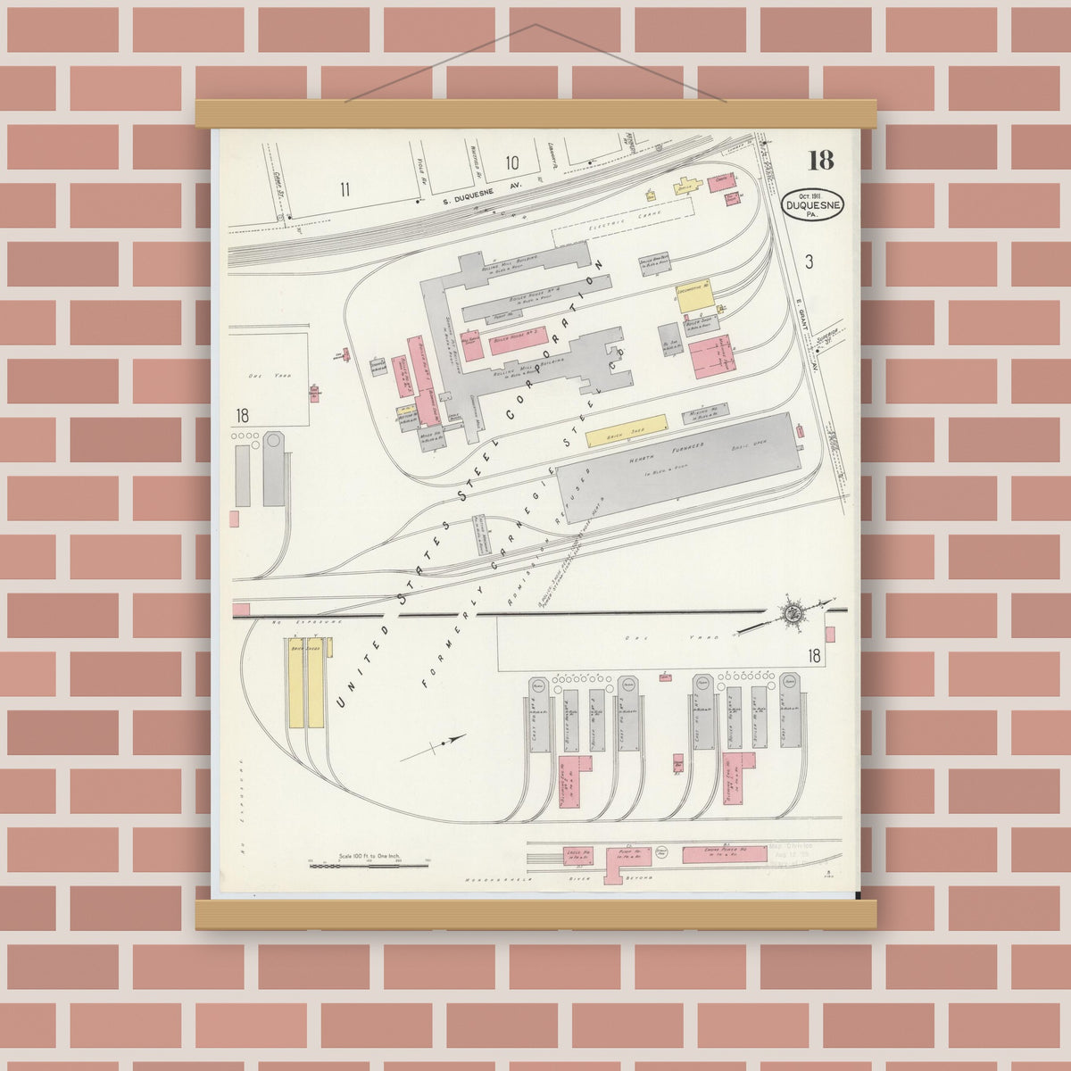 Old map wall art mockup — magnetic wood frame on brick wall — Sanborn Fire Insurance Map from Duquesne, Allegheny County, Pennsylvania (1911), Sheet #0018