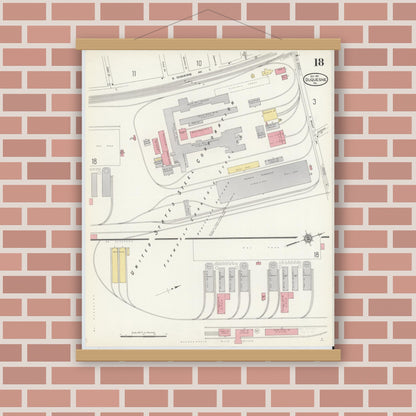 Old map wall art mockup — magnetic wood frame on brick wall — Sanborn Fire Insurance Map from Duquesne, Allegheny County, Pennsylvania (1911), Sheet #0018