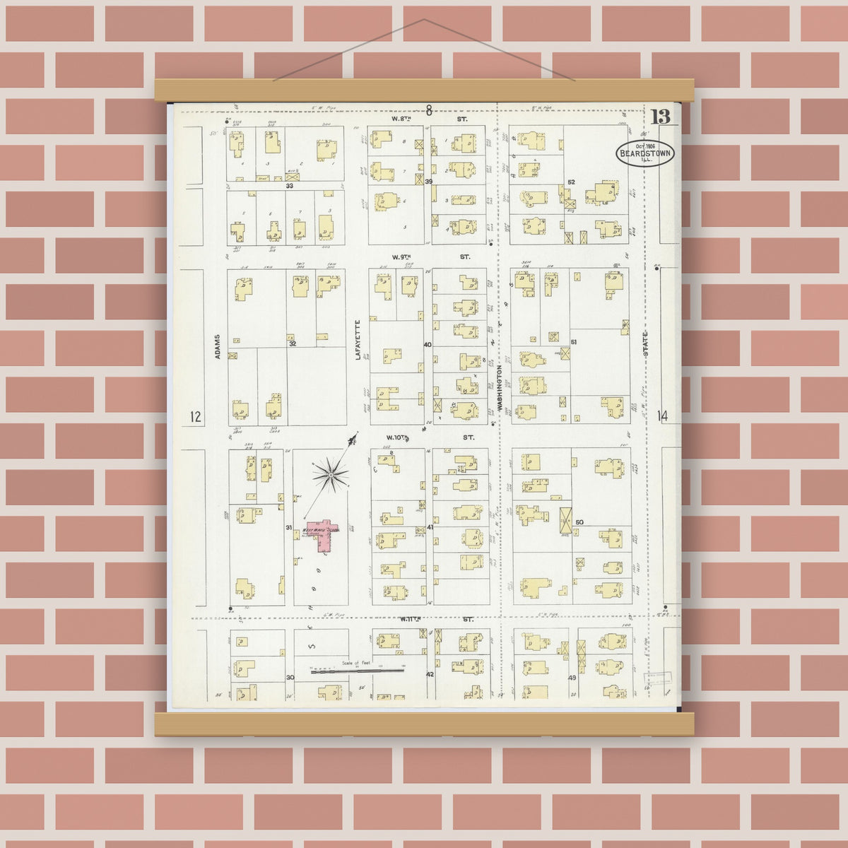 Old map wall art mockup — magnetic wood frame on brick wall — Sanborn Fire Insurance Map from Beardstown, Cass County, Illinois (1906), Sheet #0013