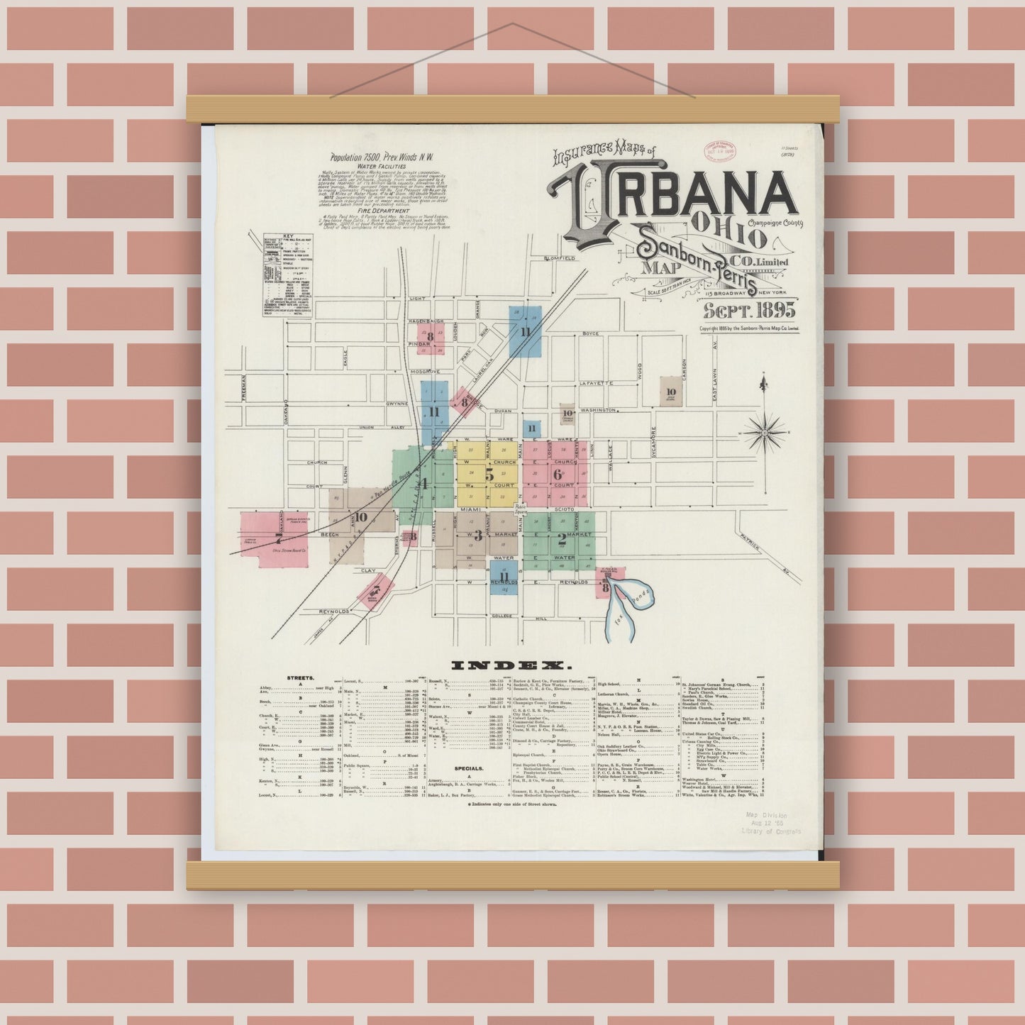 Old map wall art mockup — magnetic wood frame on brick wall — Sanborn Fire Insurance Map from Urbana, Champaign County, Ohio (1895), Sheet #0001