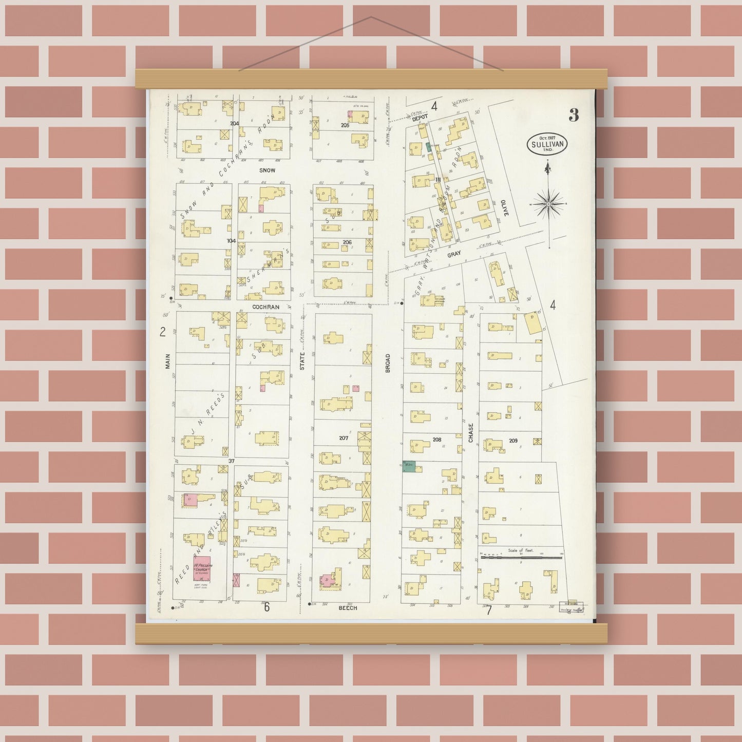 Old map wall art mockup — magnetic wood frame on brick wall — Sanborn Fire Insurance Map from Sullivan, Sullivan County, Indiana (1907), Sheet #0003