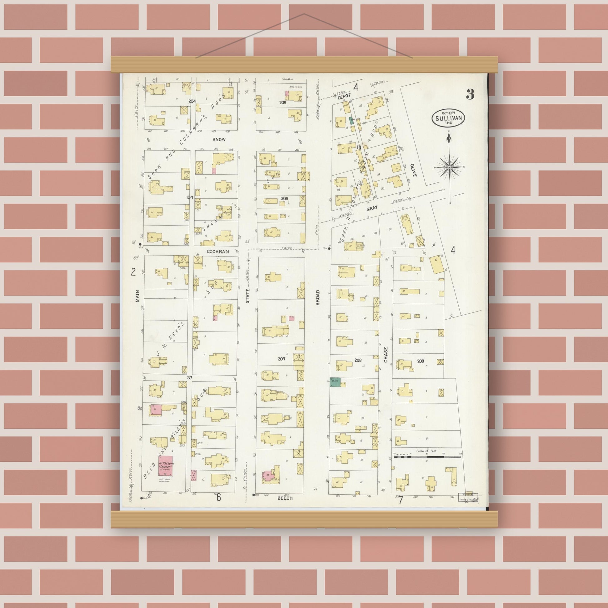 Old map wall art mockup — magnetic wood frame on brick wall — Sanborn Fire Insurance Map from Sullivan, Sullivan County, Indiana (1907), Sheet #0003