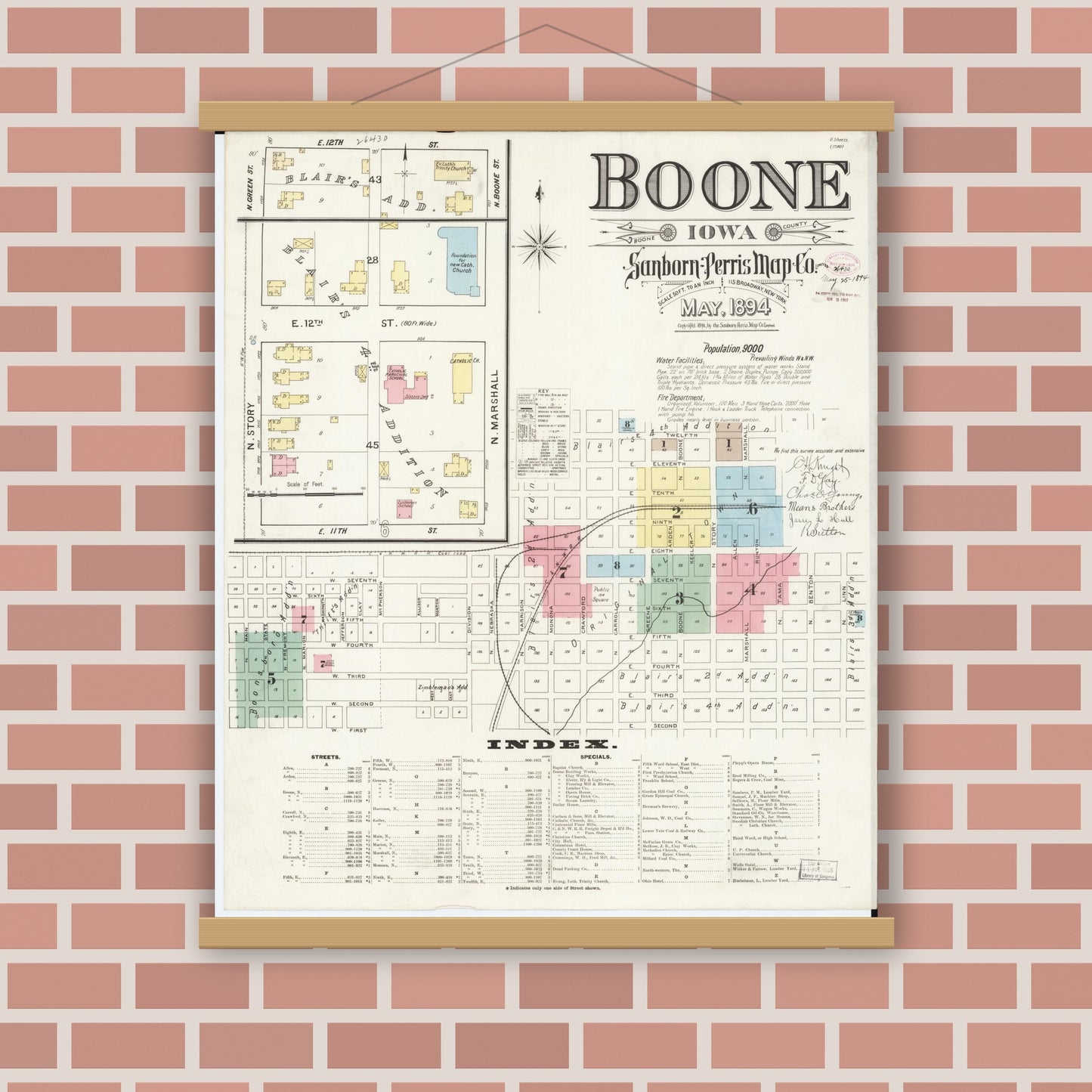 Old map wall art mockup — magnetic wood frame on brick wall — Sanborn Fire Insurance Map from Boone, Boone County, Iowa (1894) â€” Complete Set