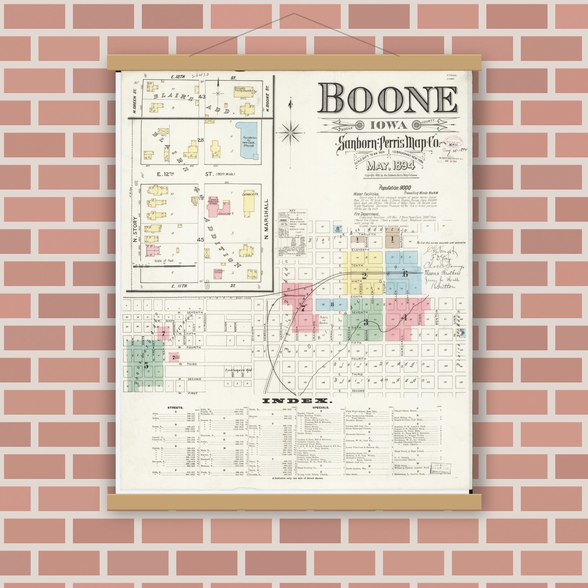 Old map wall art mockup — magnetic wood frame on brick wall — Sanborn Fire Insurance Map from Boone, Boone County, Iowa (1894) â€” Complete Set