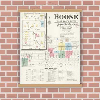 Old map wall art mockup — magnetic wood frame on brick wall — Sanborn Fire Insurance Map from Boone, Boone County, Iowa (1894) â€” Complete Set