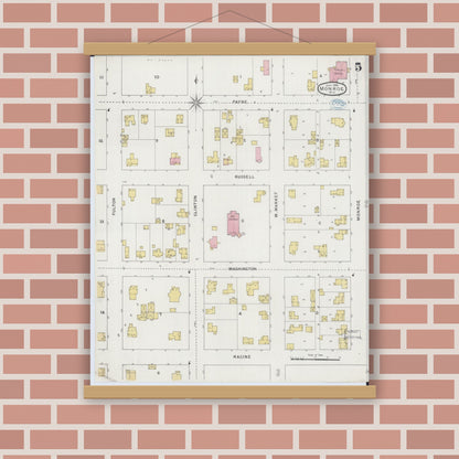 Old map wall art mockup — magnetic wood frame on brick wall — Sanborn Fire Insurance Map from Monroe, Green County, Wisconsin (1894), Sheet #0005
