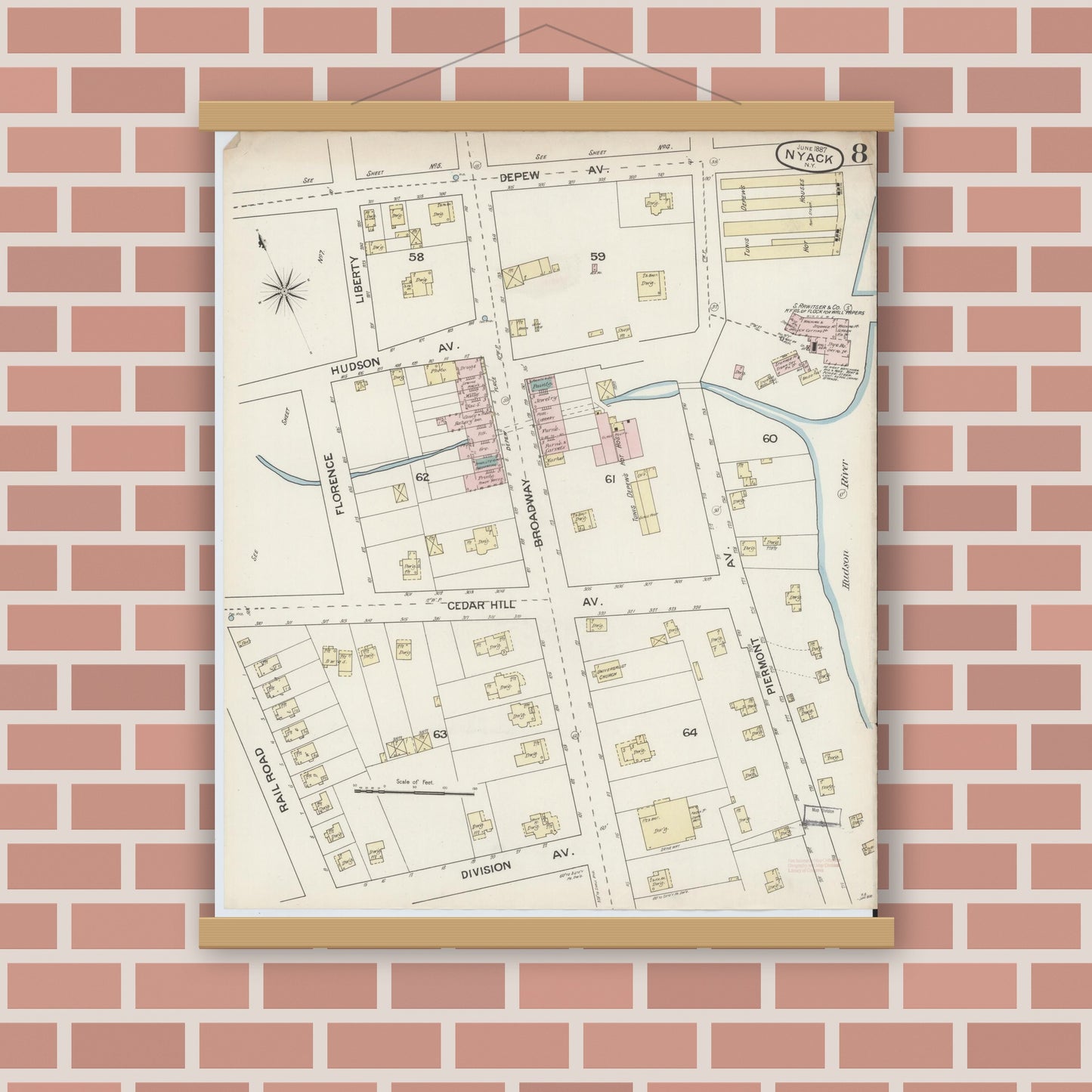 Old map wall art mockup — magnetic wood frame on brick wall — Sanborn Fire Insurance Map from Nyack, Rockland County, New York. (1887), Sheet #0008