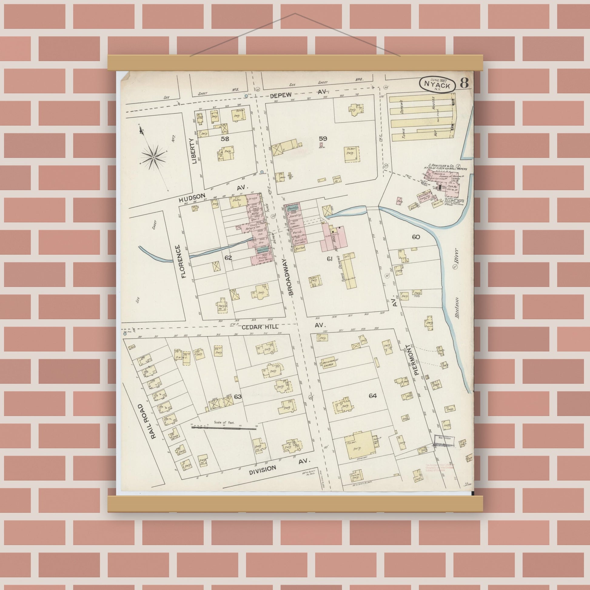 Old map wall art mockup — magnetic wood frame on brick wall — Sanborn Fire Insurance Map from Nyack, Rockland County, New York. (1887), Sheet #0008