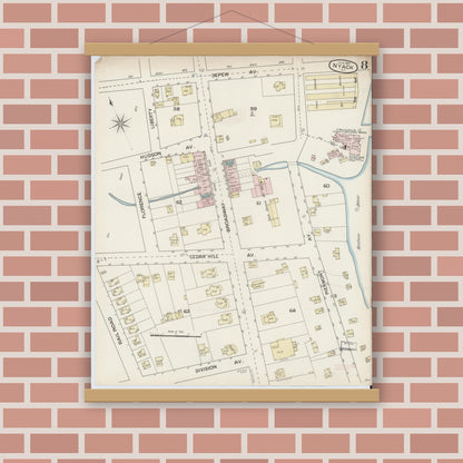 Old map wall art mockup — magnetic wood frame on brick wall — Sanborn Fire Insurance Map from Nyack, Rockland County, New York. (1887), Sheet #0008