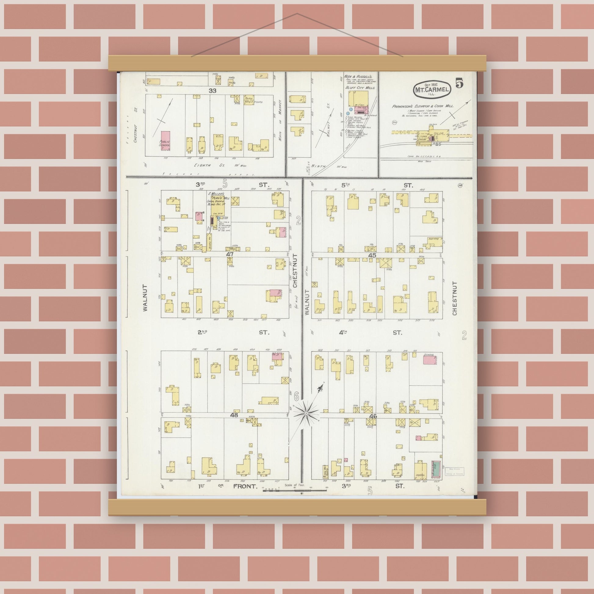 Old map wall art mockup — magnetic wood frame on brick wall — Sanborn Fire Insurance Map from Mount Carmel, Wabash County, Illinois (1892), Sheet #0005