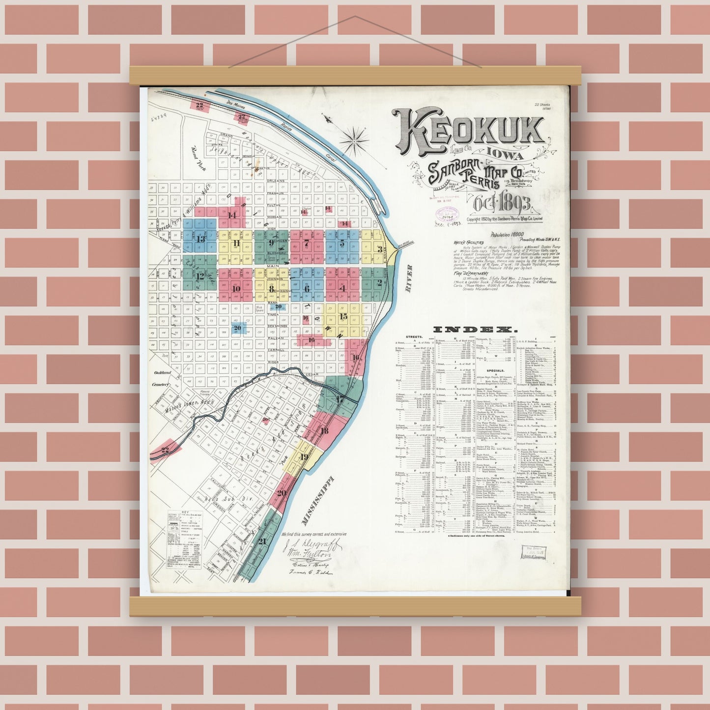 Old map wall art mockup — magnetic wood frame on brick wall — Sanborn Fire Insurance Map from Keokuk, Lee County, Iowa (1893) â€” Complete Set