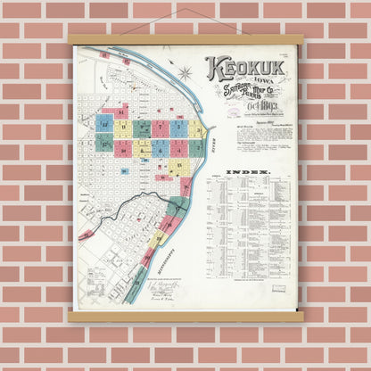 Old map wall art mockup — magnetic wood frame on brick wall — Sanborn Fire Insurance Map from Keokuk, Lee County, Iowa (1893) â€” Complete Set