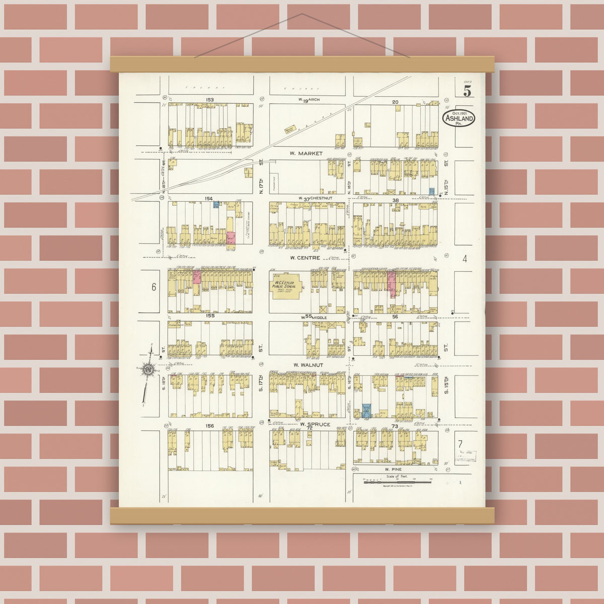 Old map wall art mockup — magnetic wood frame on brick wall — Sanborn Fire Insurance Map from Ashland, Schuylkill County, Pennsylvania (1921), Sheet #0005
