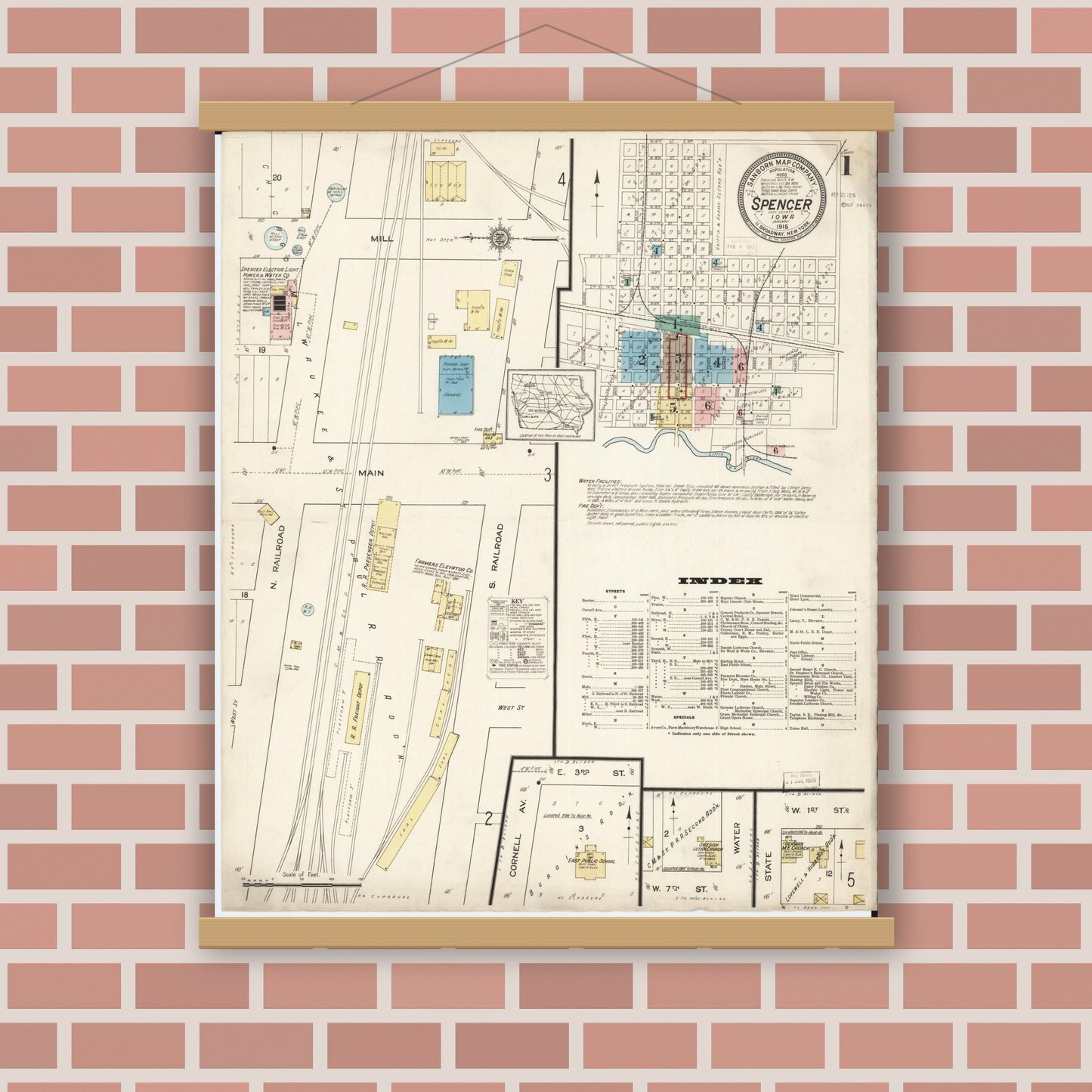 Old map wall art mockup — magnetic wood frame on brick wall — Sanborn Fire Insurance Map from Spencer, Clay County, Iowa (1915), Sheet #0001