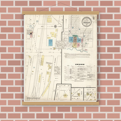 Old map wall art mockup — magnetic wood frame on brick wall — Sanborn Fire Insurance Map from Spencer, Clay County, Iowa (1915), Sheet #0001