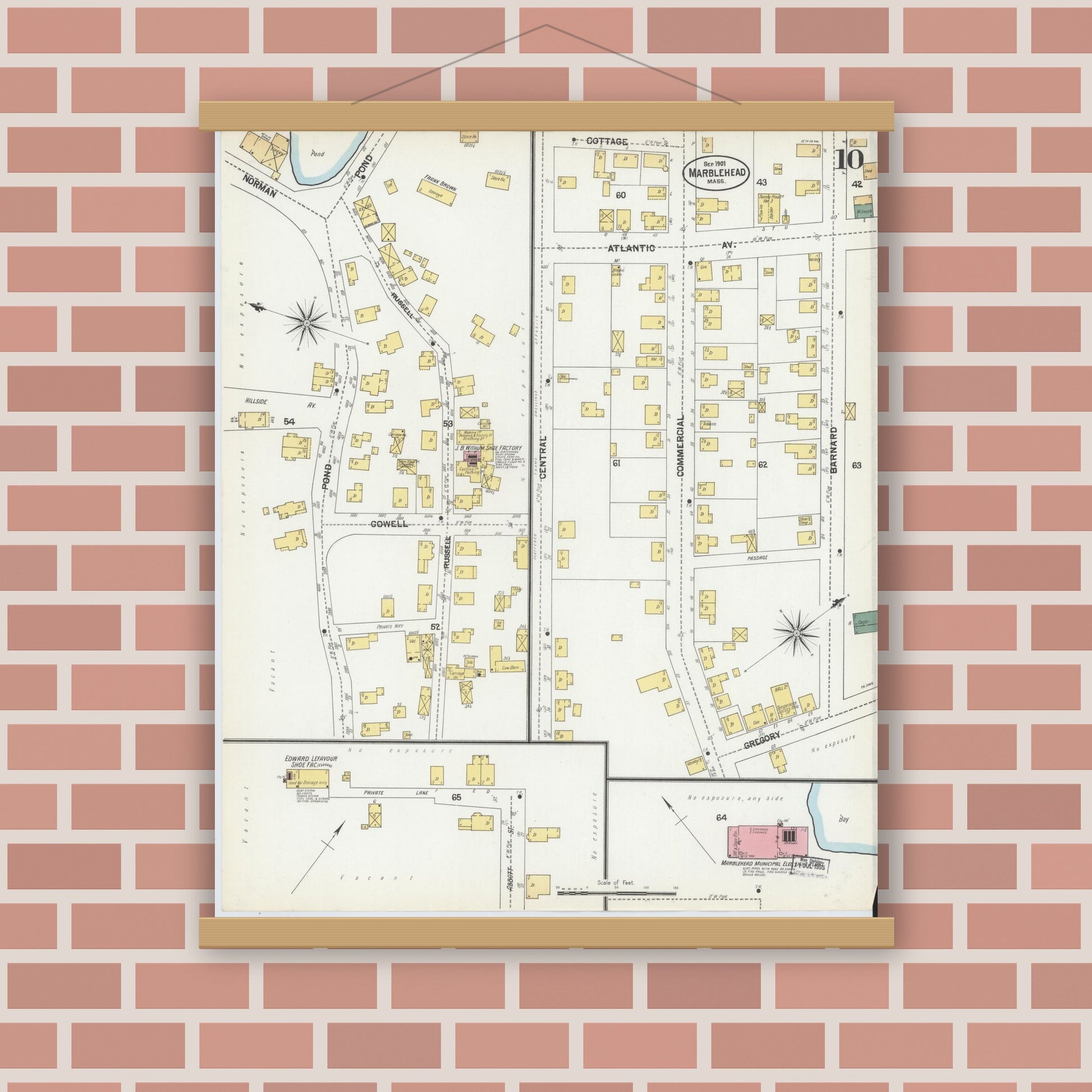 Old map wall art mockup — magnetic wood frame on brick wall — Sanborn Fire Insurance Map from Marblehead, Essex County, Massachusetts (1901), Sheet #0010