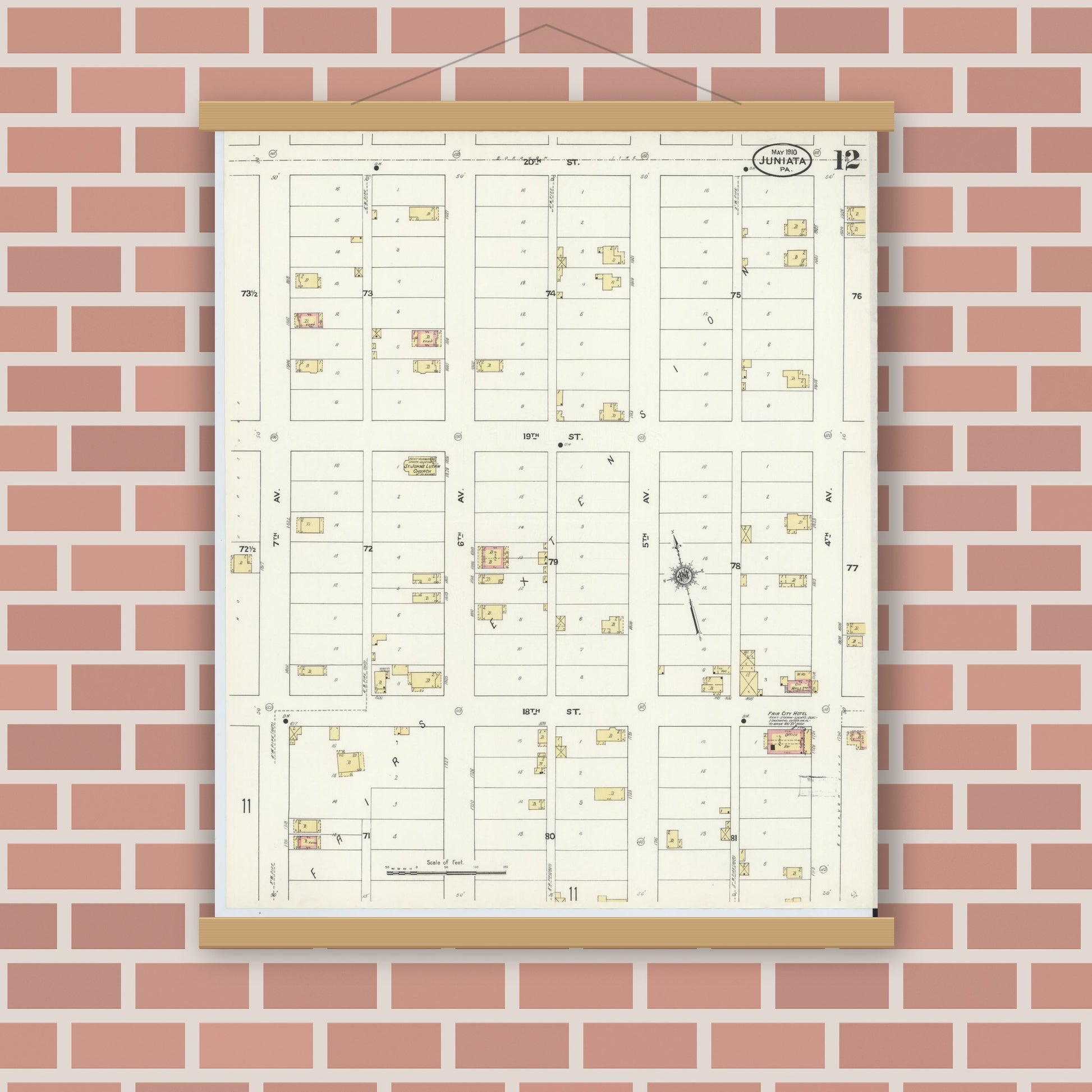 Old map wall art mockup — magnetic wood frame on brick wall — Sanborn Fire Insurance Map from Juniata, Blair County, Pennsylvania (1910), Sheet #0012