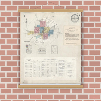 Old map wall art mockup — magnetic wood frame on brick wall — Sanborn Fire Insurance Map from Wilmington, Clinton County, Ohio (1949), Sheet #0001