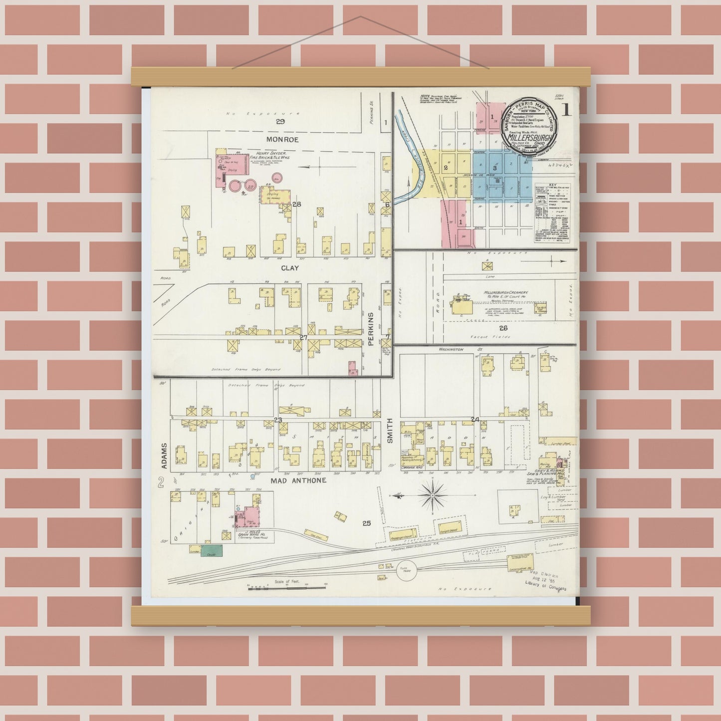 Old map wall art mockup — magnetic wood frame on brick wall — Sanborn Fire Insurance Map from Millersburg, Holmes County, Ohio (1892) - Complete Map Set