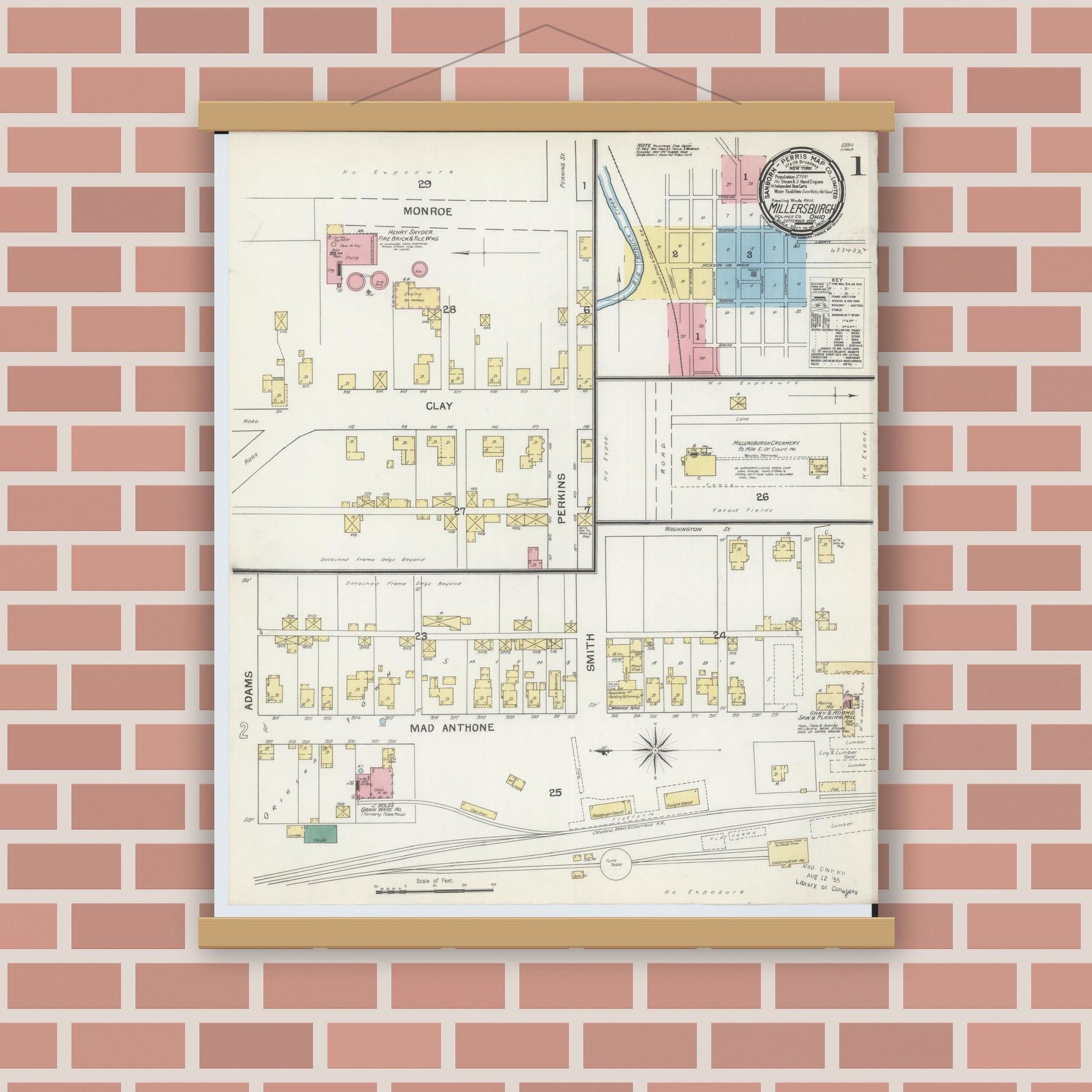 Old map wall art mockup — magnetic wood frame on brick wall — Sanborn Fire Insurance Map from Millersburg, Holmes County, Ohio (1892) - Complete Map Set