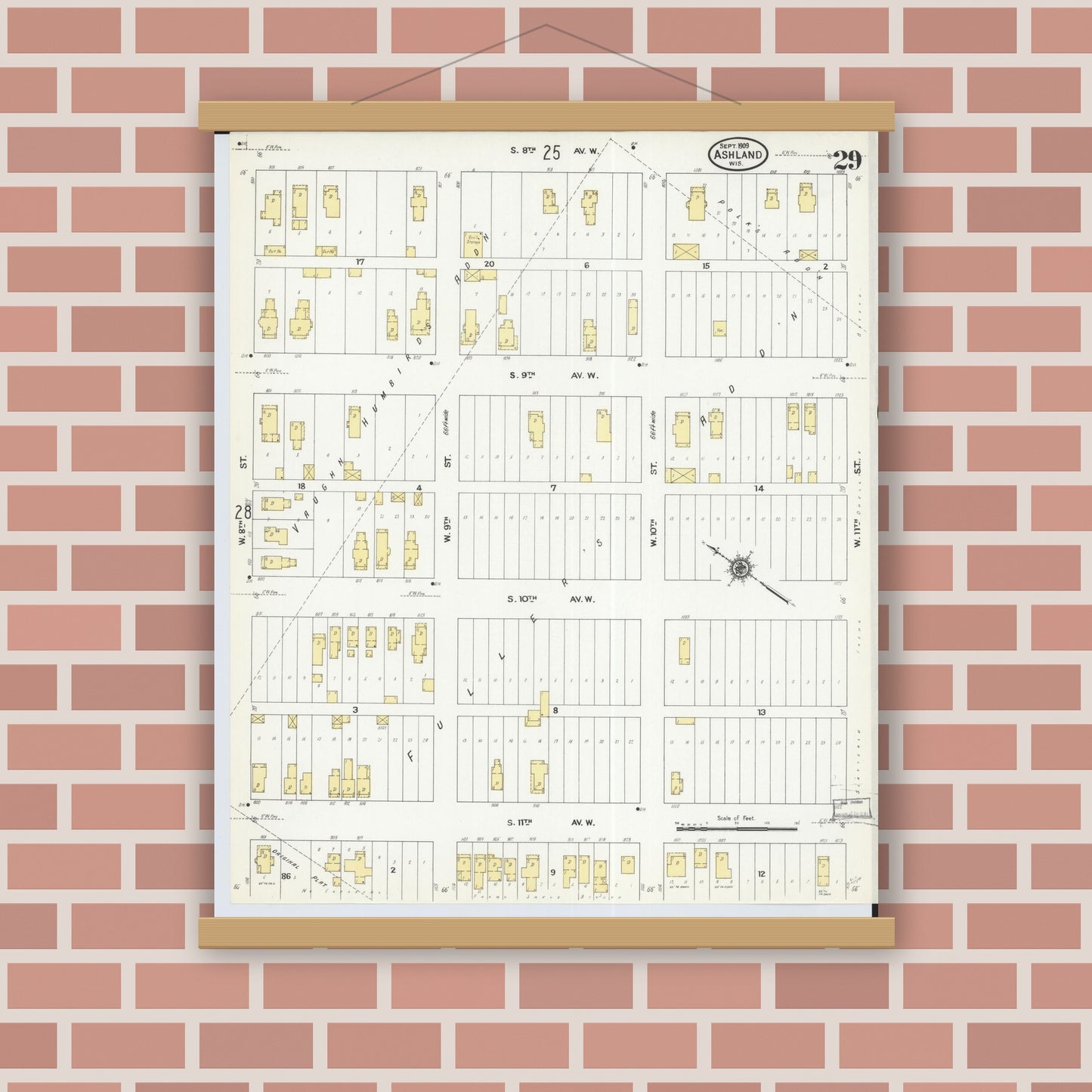 Old map wall art mockup — magnetic wood frame on brick wall — Sanborn Fire Insurance Map from Ashland, Ashland County, Wisconsin (1909), Sheet #0029