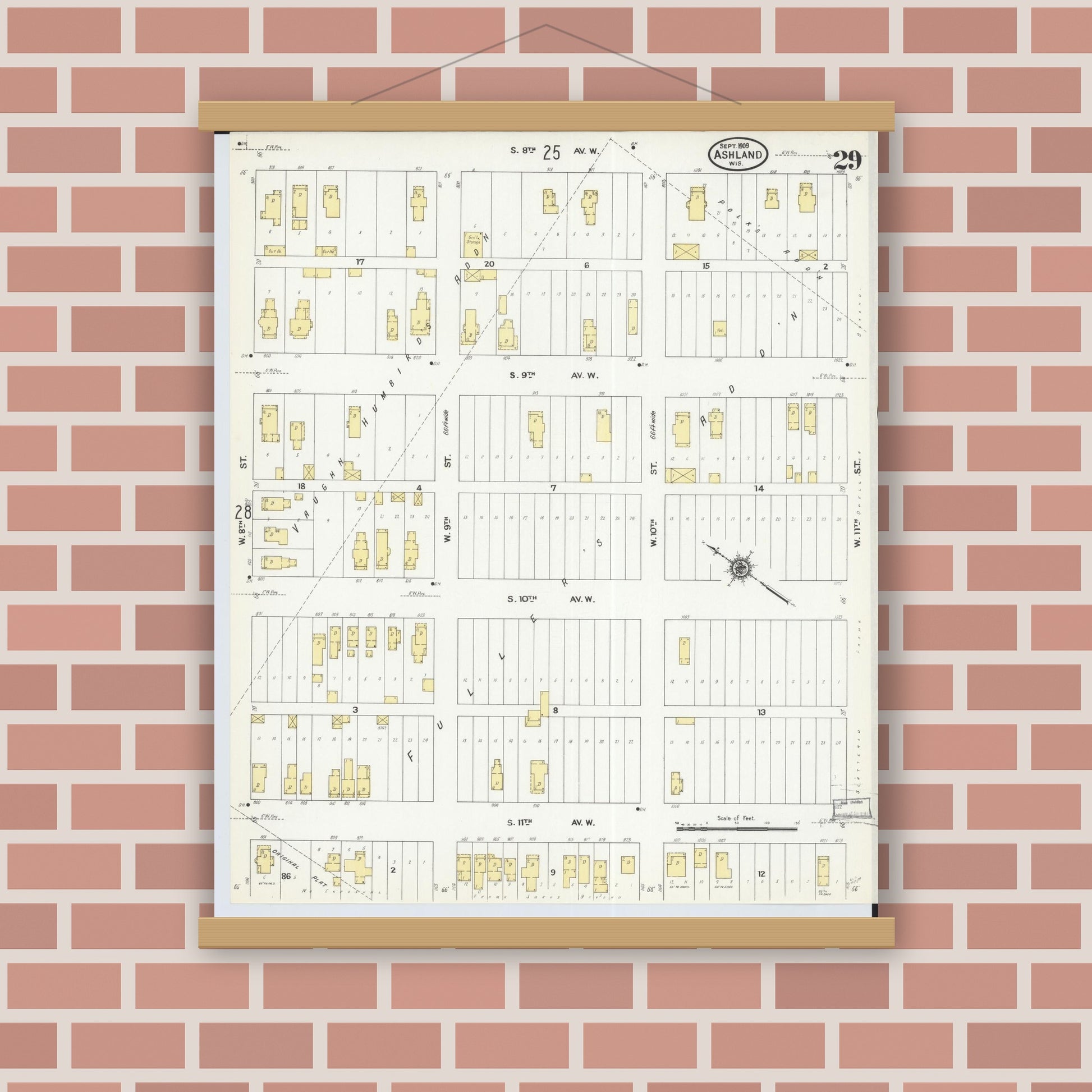 Old map wall art mockup — magnetic wood frame on brick wall — Sanborn Fire Insurance Map from Ashland, Ashland County, Wisconsin (1909), Sheet #0029