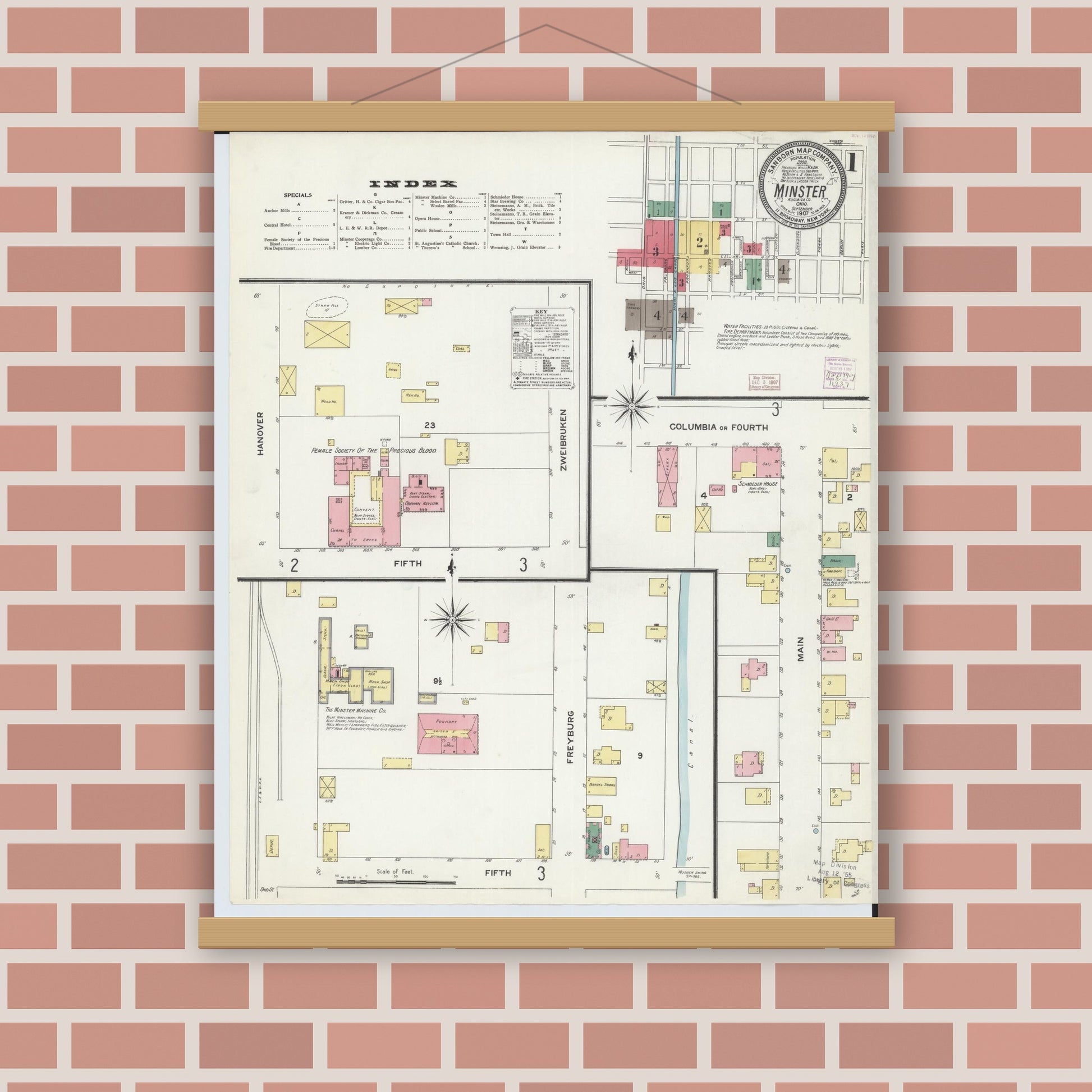 Old map wall art mockup — magnetic wood frame on brick wall — Sanborn Fire Insurance Map from Minster, Auglaize County, Ohio (1907), Sheet #0001