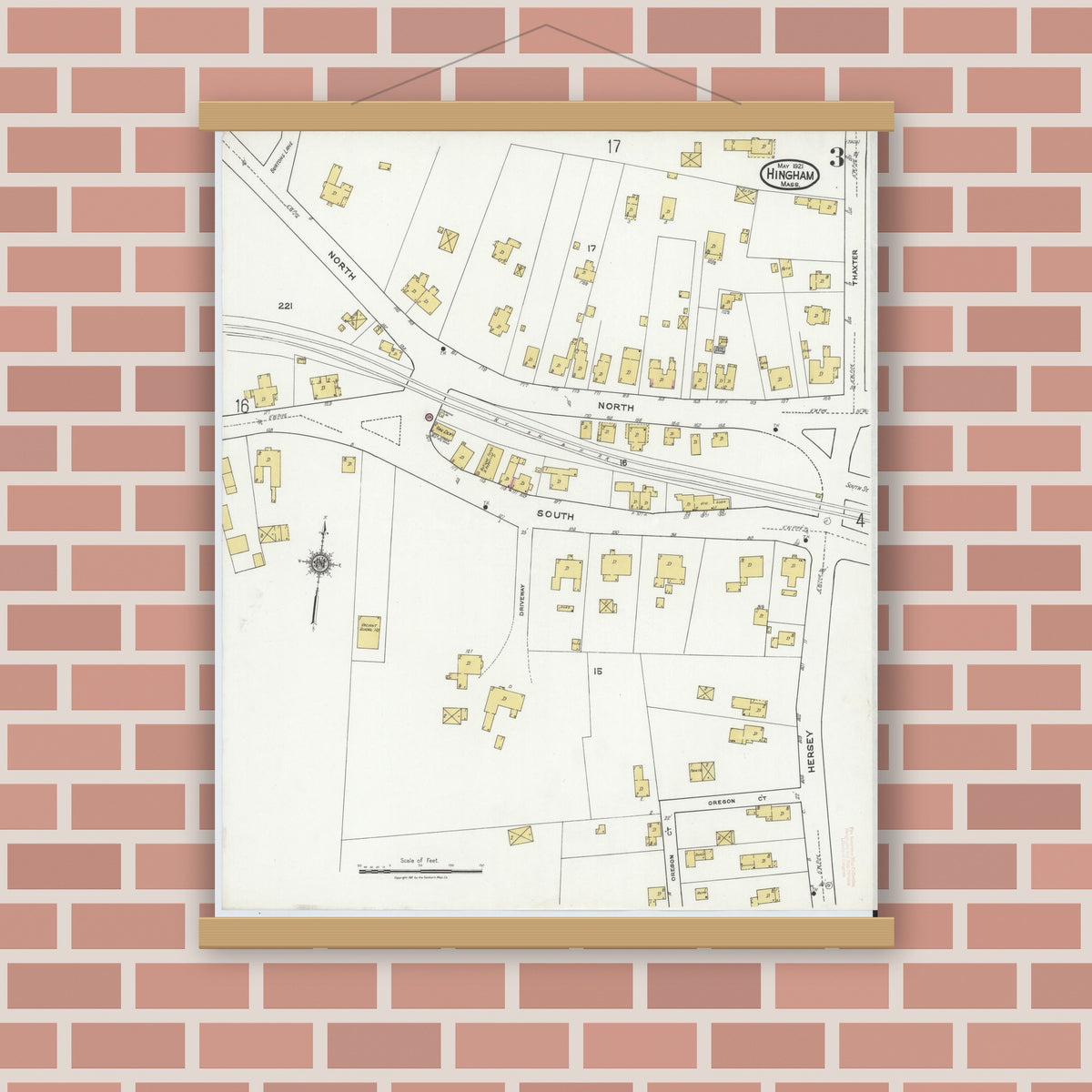 Old map wall art mockup — magnetic wood frame on brick wall — Sanborn Fire Insurance Map from Hingham, Plymouth County, Massachusetts (1921), Sheet #0003