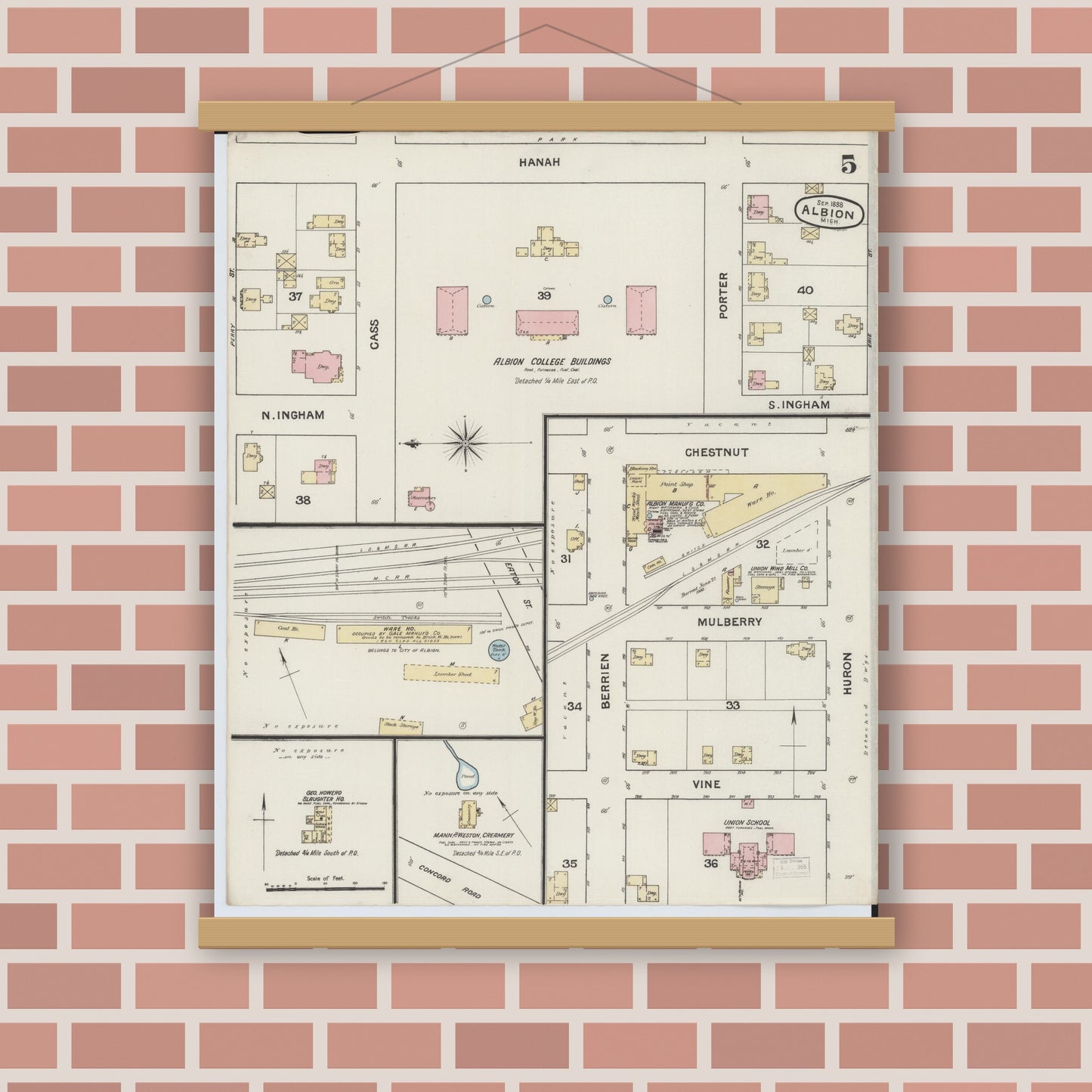 Old map wall art mockup — magnetic wood frame on brick wall — Sanborn Fire Insurance Map from Albion, Calhoun County, Michigan (1888), Sheet #0005