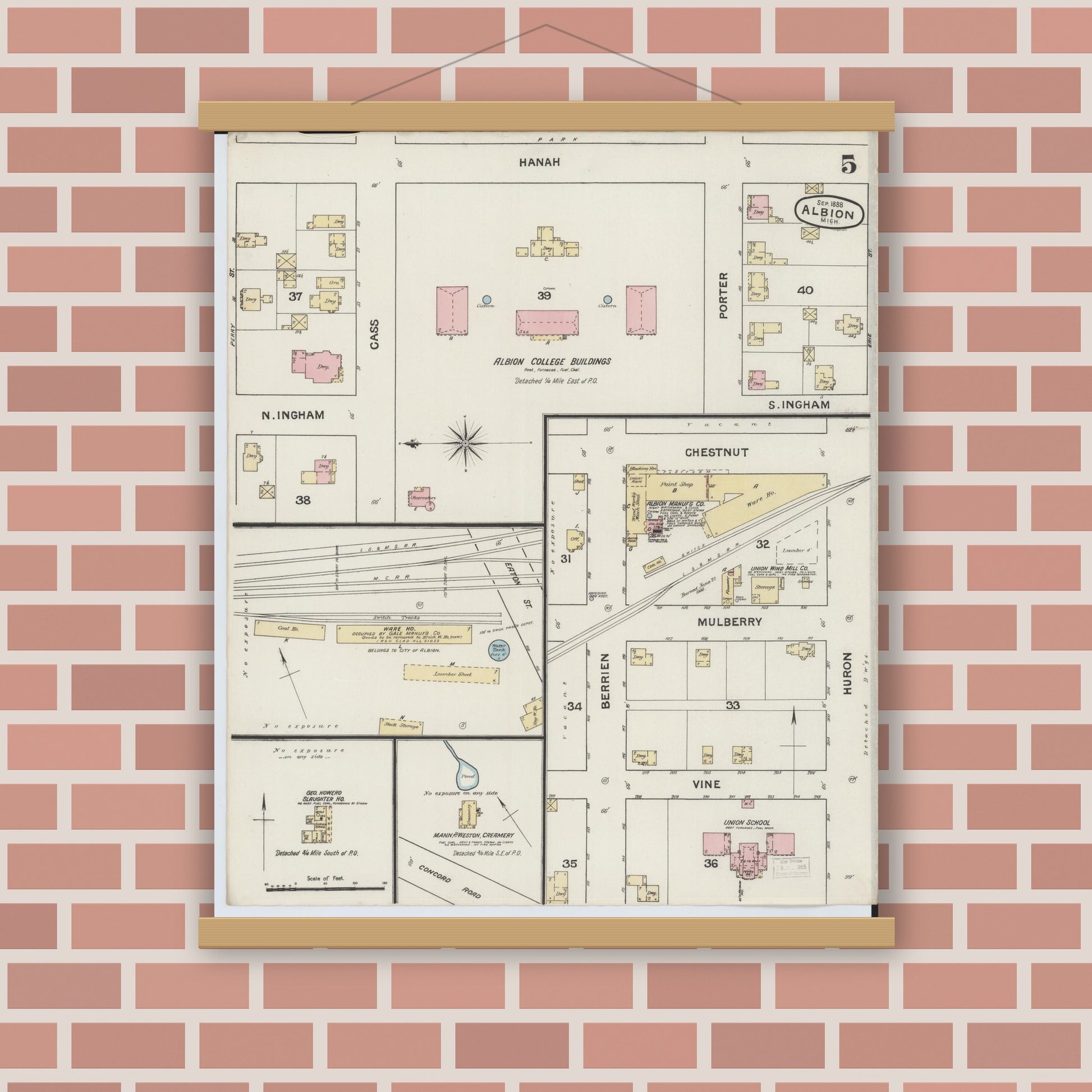 Old map wall art mockup — magnetic wood frame on brick wall — Sanborn Fire Insurance Map from Albion, Calhoun County, Michigan (1888), Sheet #0005