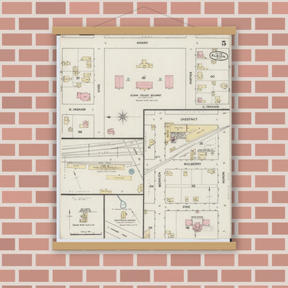 Old map wall art mockup — magnetic wood frame on brick wall — Sanborn Fire Insurance Map from Albion, Calhoun County, Michigan (1888), Sheet #0005