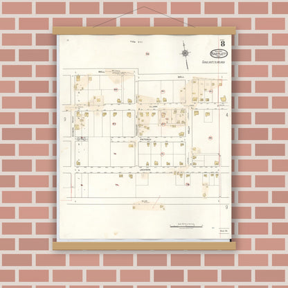 Old map wall art mockup — magnetic wood frame on brick wall — Sanborn Fire Insurance Map from Bartlett, Bell and Williamson Counties, Texas (1940), Sheet #0008
