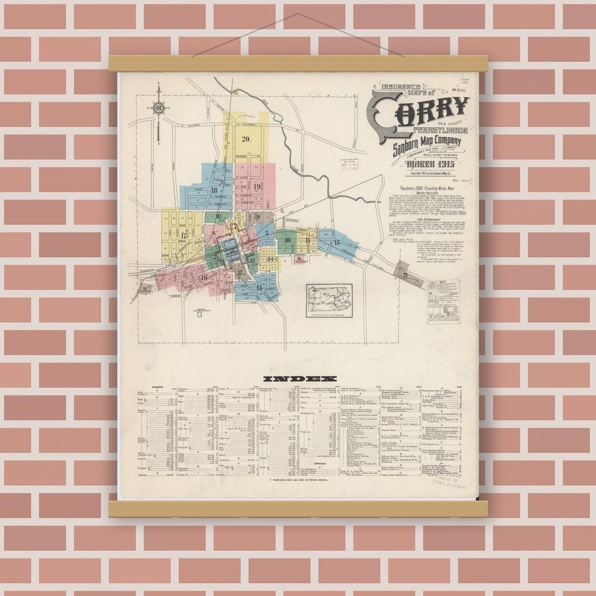 Old map wall art mockup — magnetic wood frame on brick wall — Sanborn Fire Insurance Map from Corry, Erie County, Pennsylvania (1915) - Complete Map Set