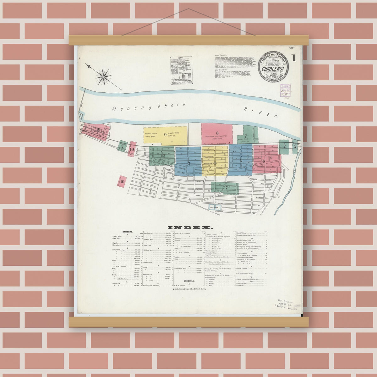 Old map wall art mockup — magnetic wood frame on brick wall — Sanborn Fire Insurance Map from Charleroi, Washington County, Pennsylvania (1902), Sheet #0001