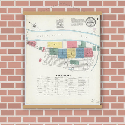 Old map wall art mockup — magnetic wood frame on brick wall — Sanborn Fire Insurance Map from Charleroi, Washington County, Pennsylvania (1902), Sheet #0001
