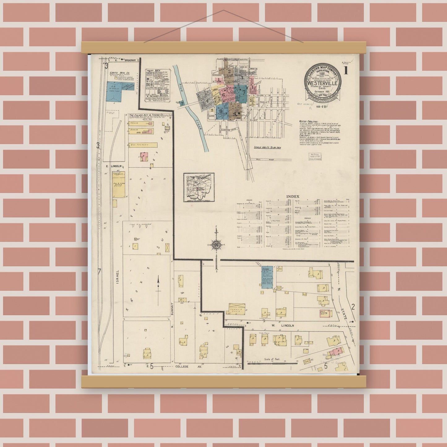 Old map wall art mockup — magnetic wood frame on brick wall — Sanborn Fire Insurance Map from Westerville, Franklin County, Ohio (1922), Sheet #0001