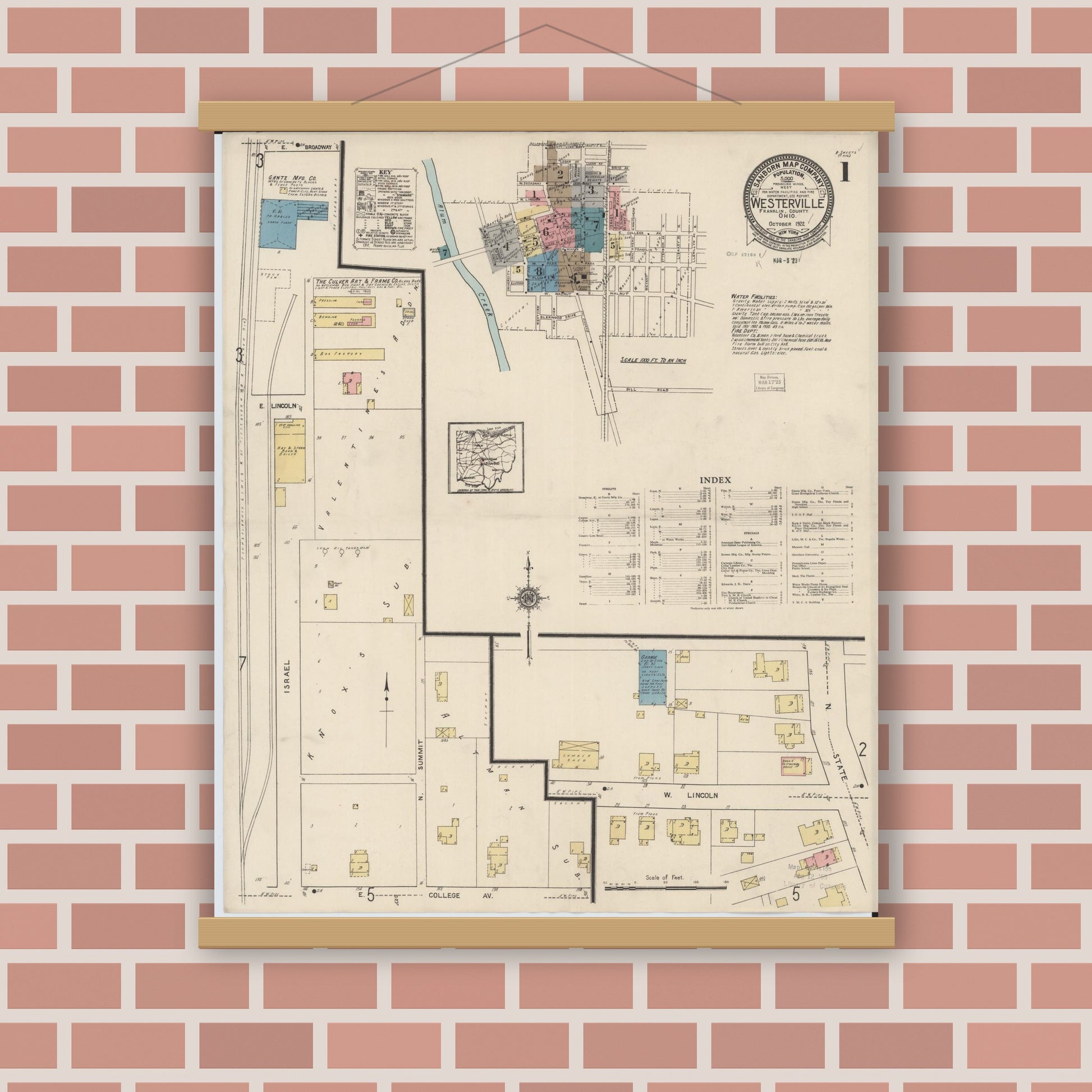 Old map wall art mockup — magnetic wood frame on brick wall — Sanborn Fire Insurance Map from Westerville, Franklin County, Ohio (1922), Sheet #0001