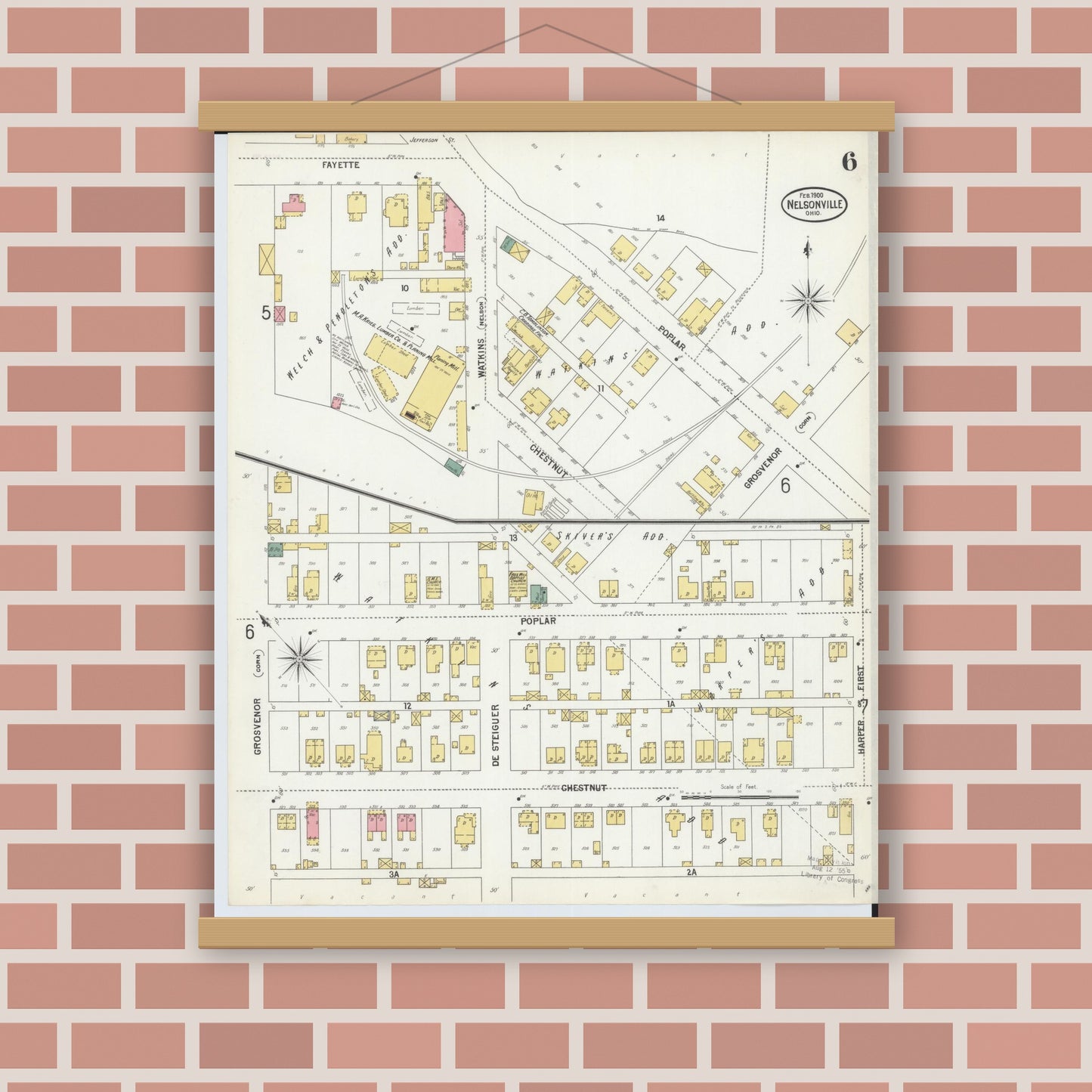 Old map wall art mockup — magnetic wood frame on brick wall — Sanborn Fire Insurance Map from Nelsonville, Athens County, Ohio (1900), Sheet #0006