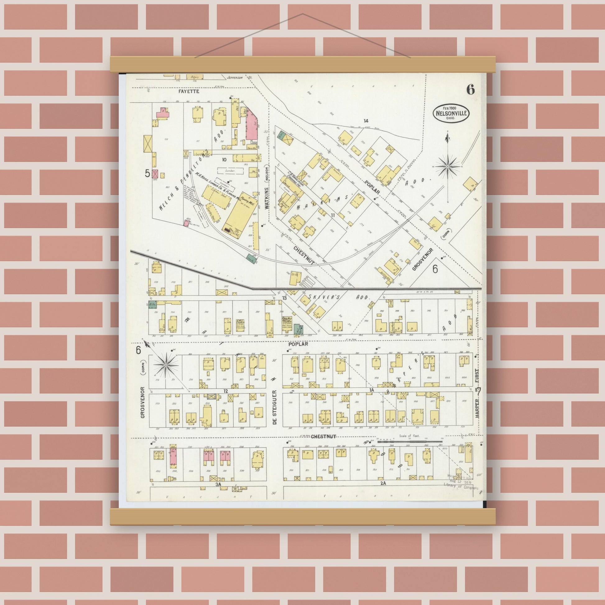 Old map wall art mockup — magnetic wood frame on brick wall — Sanborn Fire Insurance Map from Nelsonville, Athens County, Ohio (1900), Sheet #0006