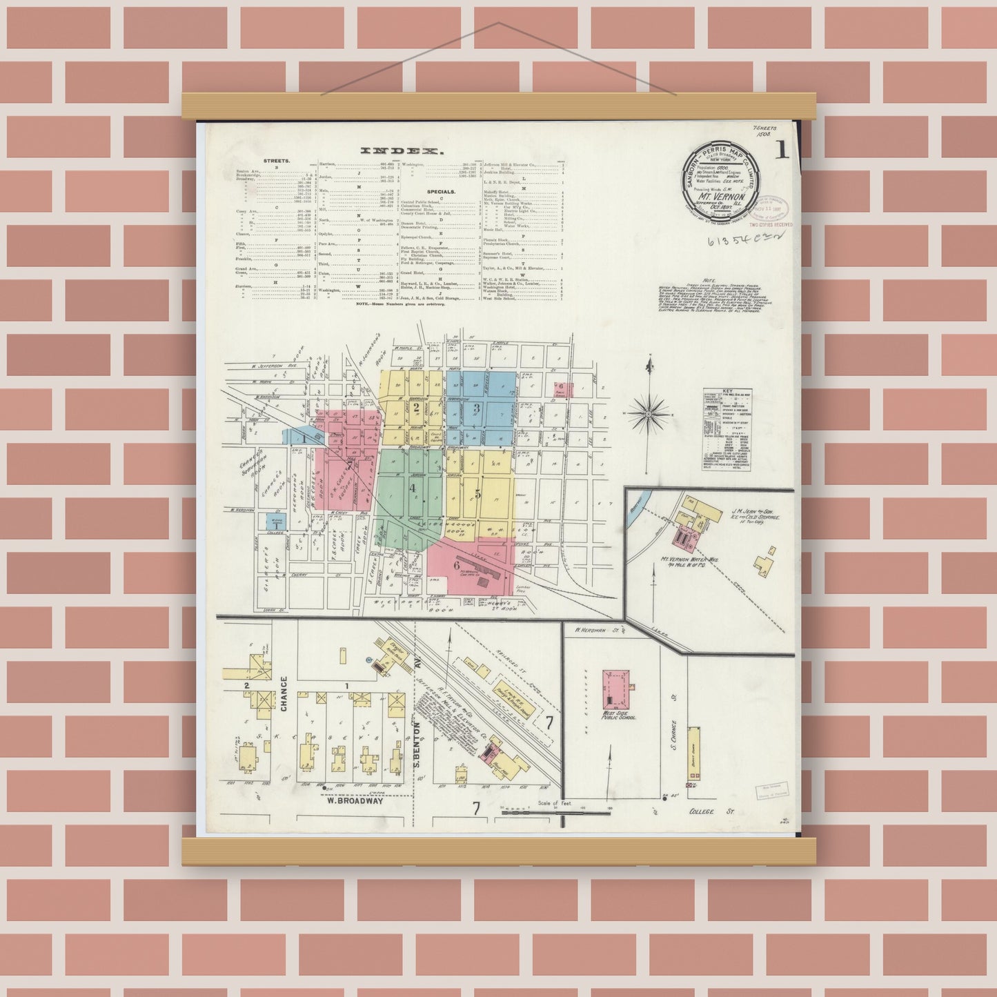 Old map wall art mockup — magnetic wood frame on brick wall — Sanborn Fire Insurance Map from Mount Vernon, Jefferson County, Illinois (1897) - Complete Map Set