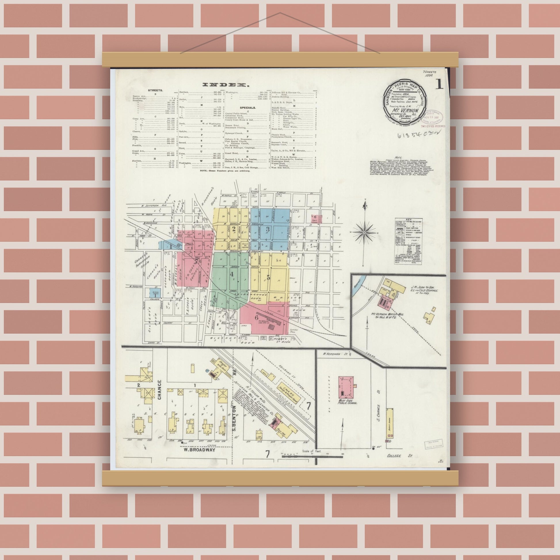 Old map wall art mockup — magnetic wood frame on brick wall — Sanborn Fire Insurance Map from Mount Vernon, Jefferson County, Illinois (1897) - Complete Map Set
