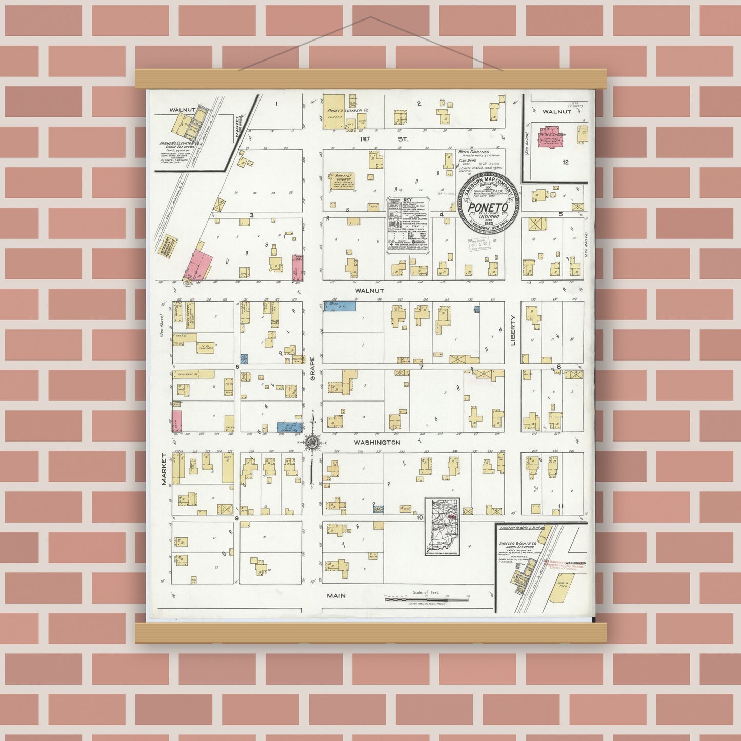 Old map wall art mockup — magnetic wood frame on brick wall — Sanborn Fire Insurance Map from Poneto, Wells County, Indiana (1920), Sheet #0001