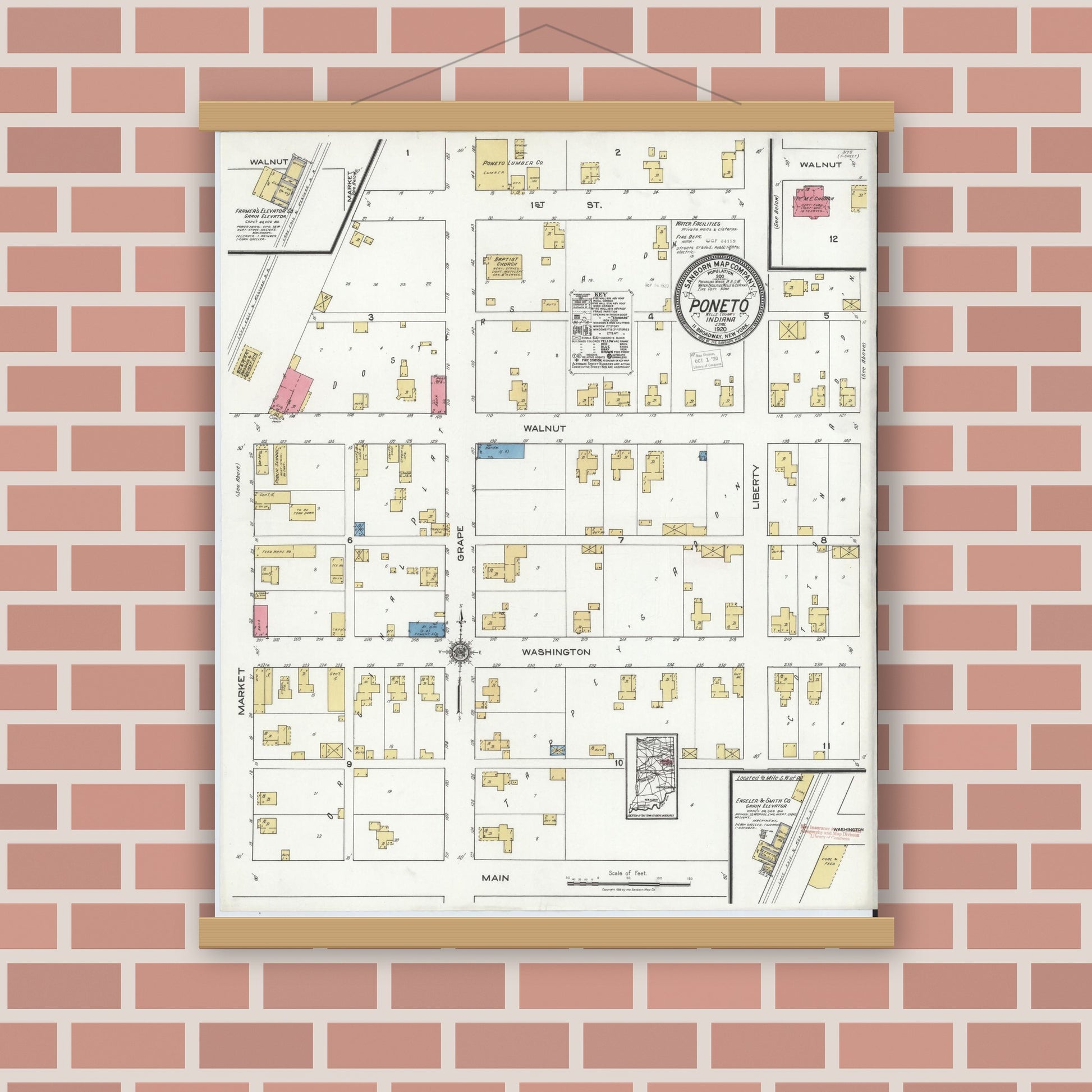 Old map wall art mockup — magnetic wood frame on brick wall — Sanborn Fire Insurance Map from Poneto, Wells County, Indiana (1920), Sheet #0001