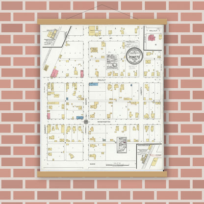 Old map wall art mockup — magnetic wood frame on brick wall — Sanborn Fire Insurance Map from Poneto, Wells County, Indiana (1920), Sheet #0001