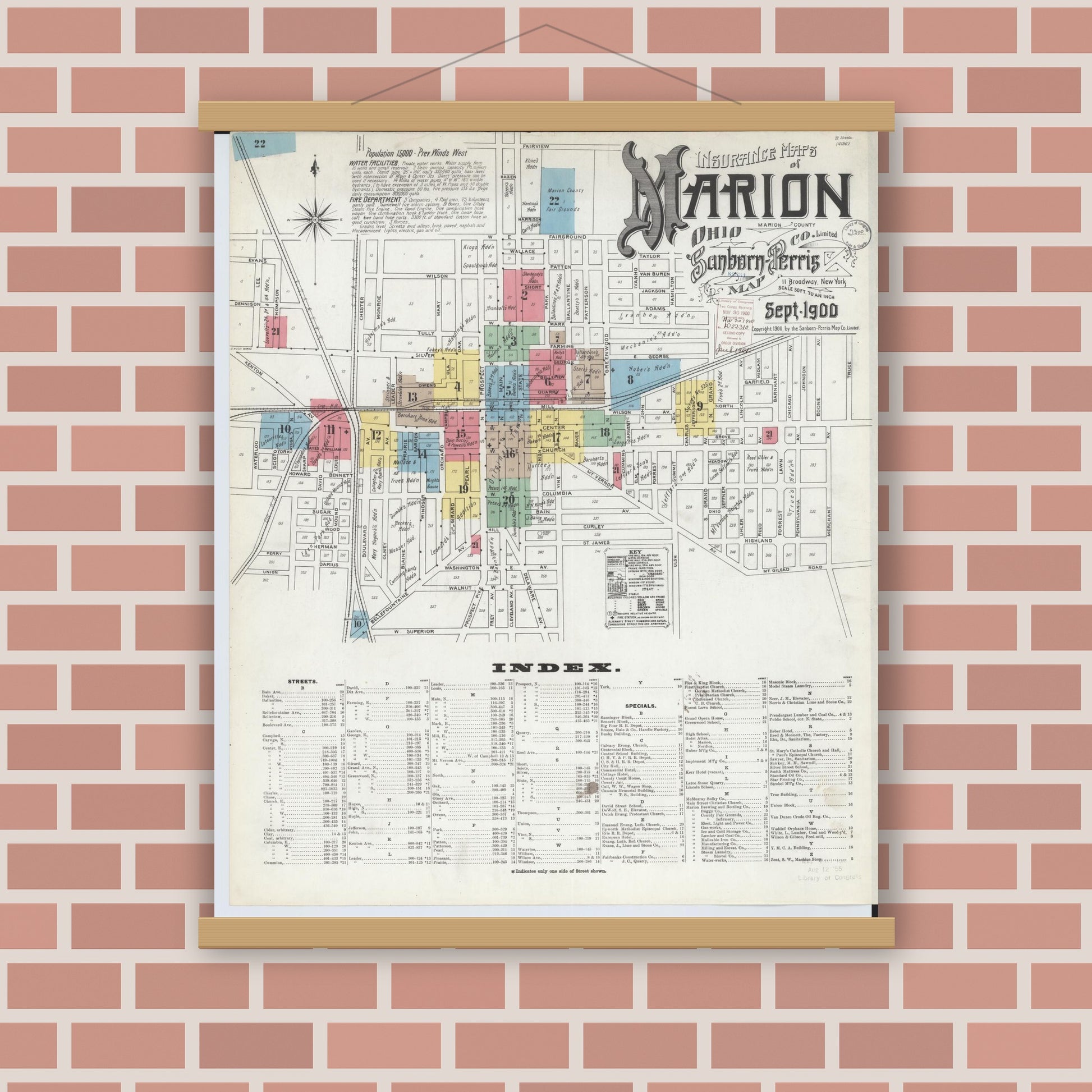Old map wall art mockup — magnetic wood frame on brick wall — Sanborn Fire Insurance Map from Marion, Marion County, Ohio (1900) - Complete Map Set