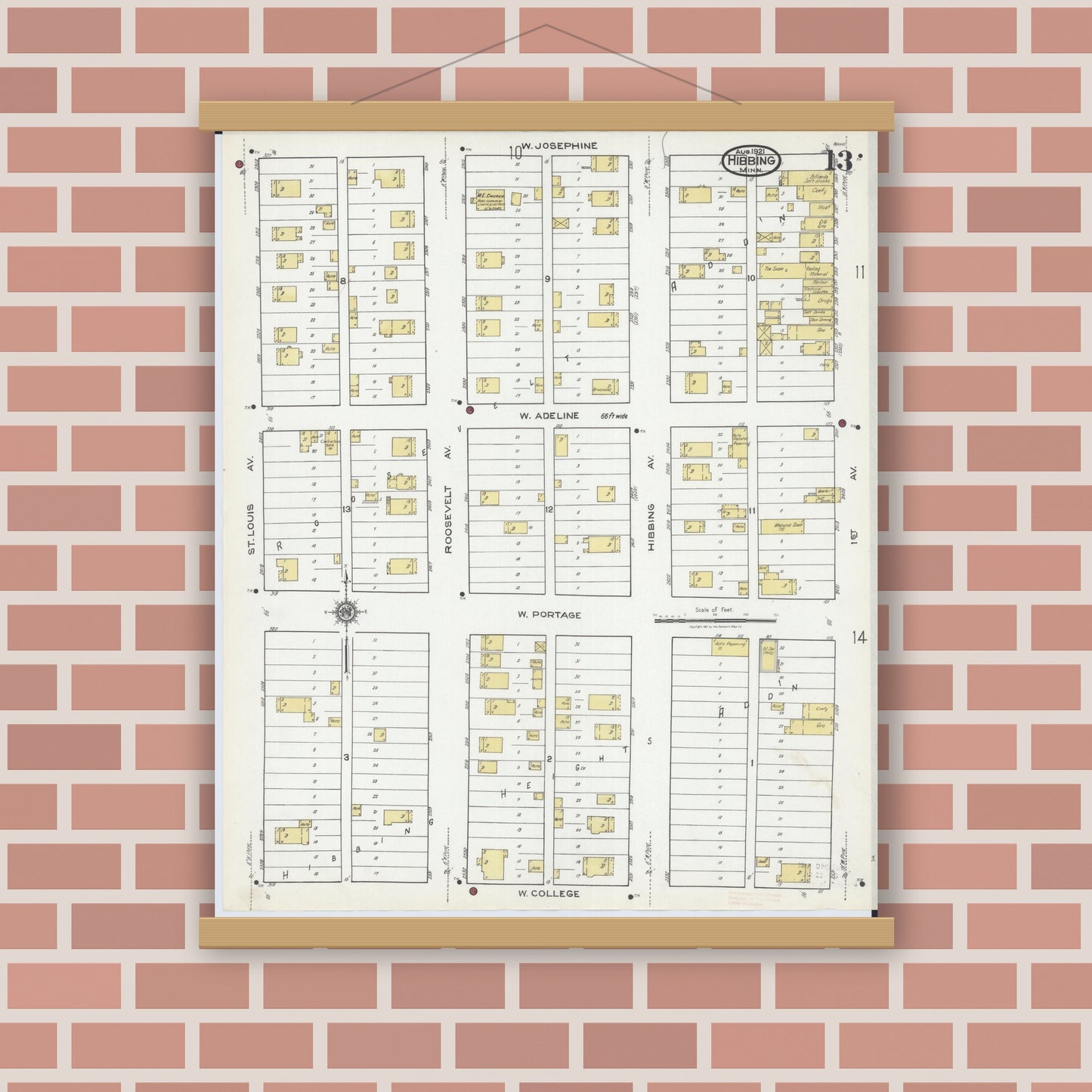 Old map wall art mockup — magnetic wood frame on brick wall — Sanborn Fire Insurance Map from Hibbing, Saint Louis County, Minnesota (1921), Sheet #0013