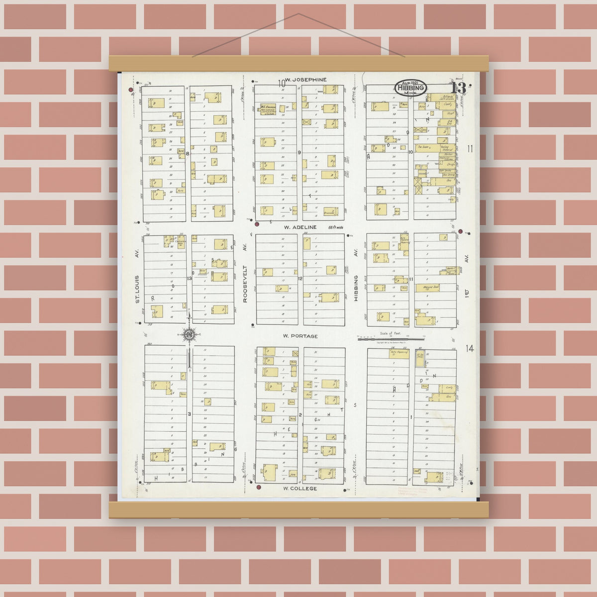 Old map wall art mockup — magnetic wood frame on brick wall — Sanborn Fire Insurance Map from Hibbing, Saint Louis County, Minnesota (1921), Sheet #0013